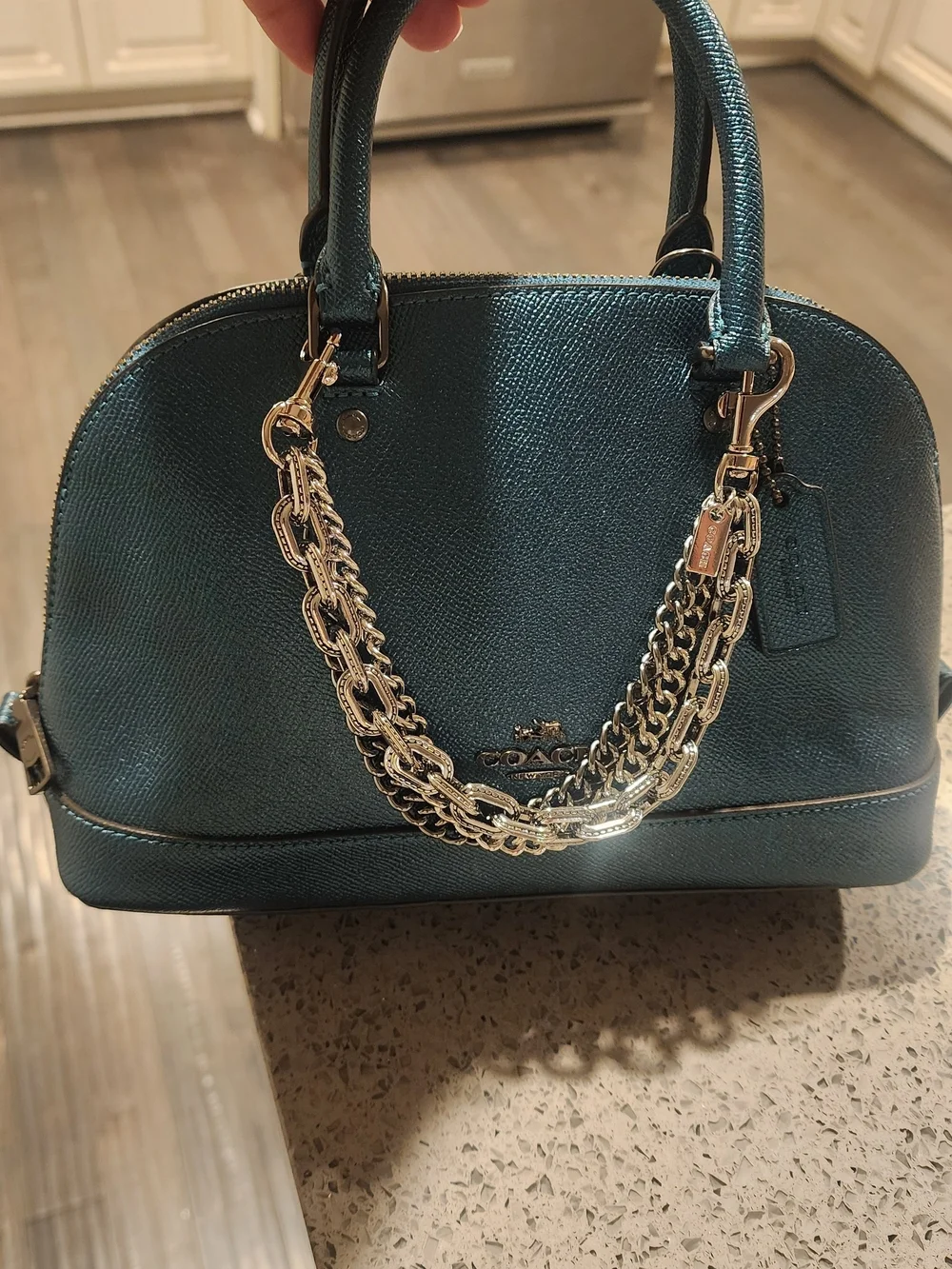 NOT FOR SALE Coach Metallic Dark Teal Saffiano Leather Satchel with Chain Detail